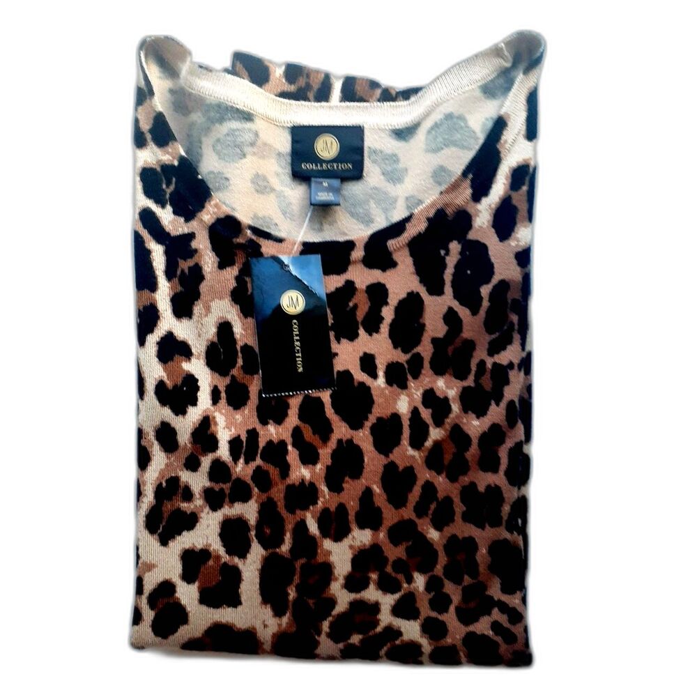 JM Collection Tan Brown Neutral Cheetah Print Crewneck Sweater NWT Medium